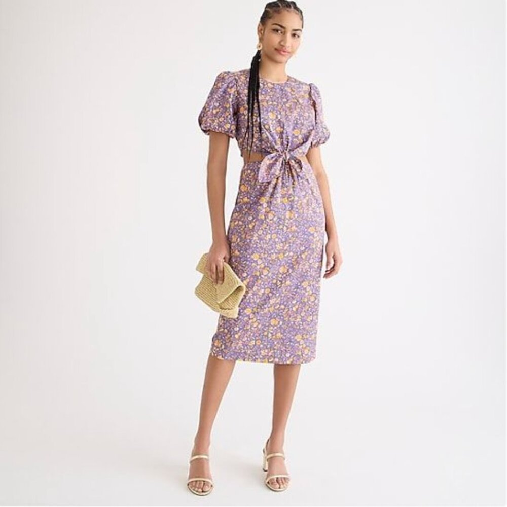 J.CREW Cutout Cotton Poplin Dress Sz 10 Purple Midnight Floral Puff Sleeves NEW